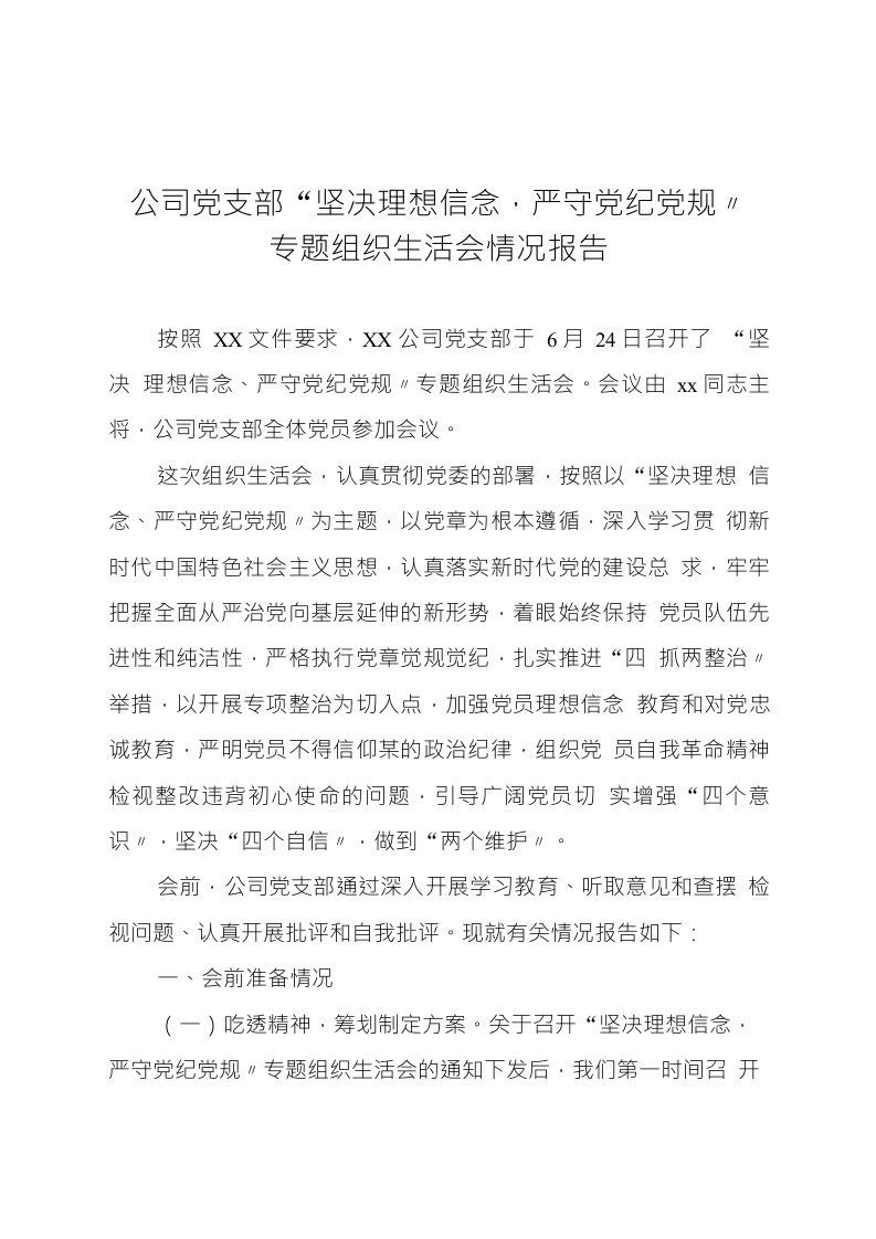 党支部“坚定理想信念，严守党纪党规”专题组织生活会情况报告