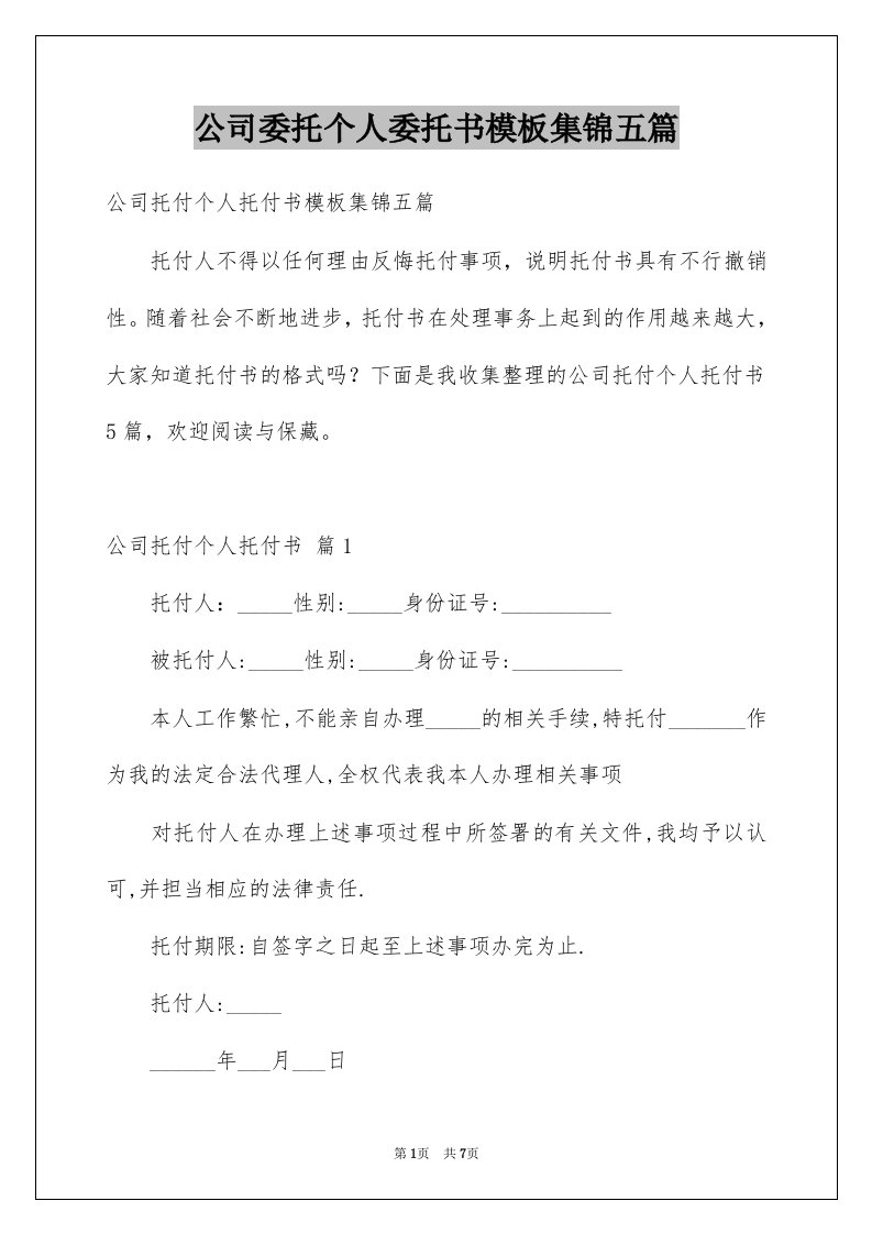 公司委托个人委托书模板集锦五篇