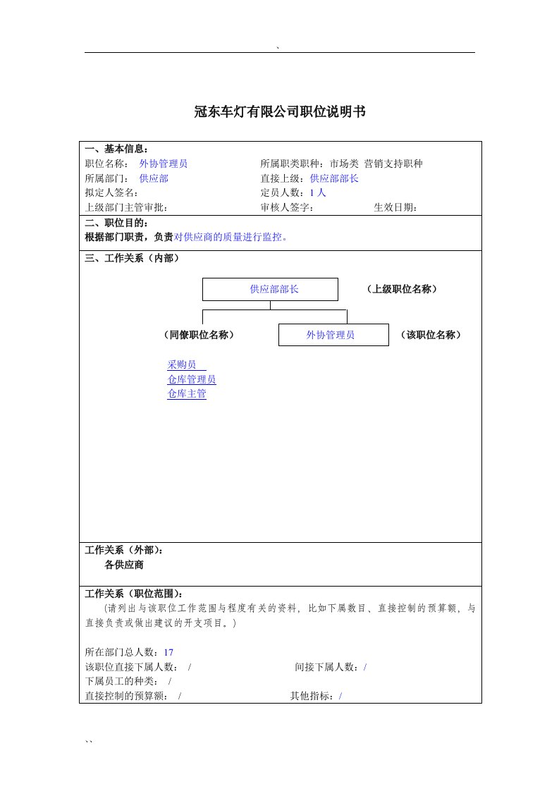 冠东车灯公司供应部外协管理员职位说明书