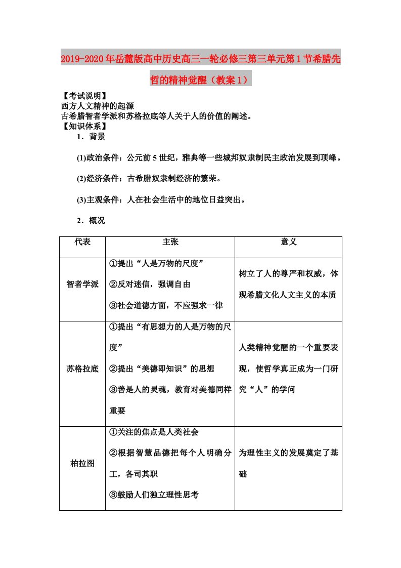 2019-2020年岳麓版高中历史高三一轮必修三第三单元第1节希腊先哲的精神觉醒（教案1）