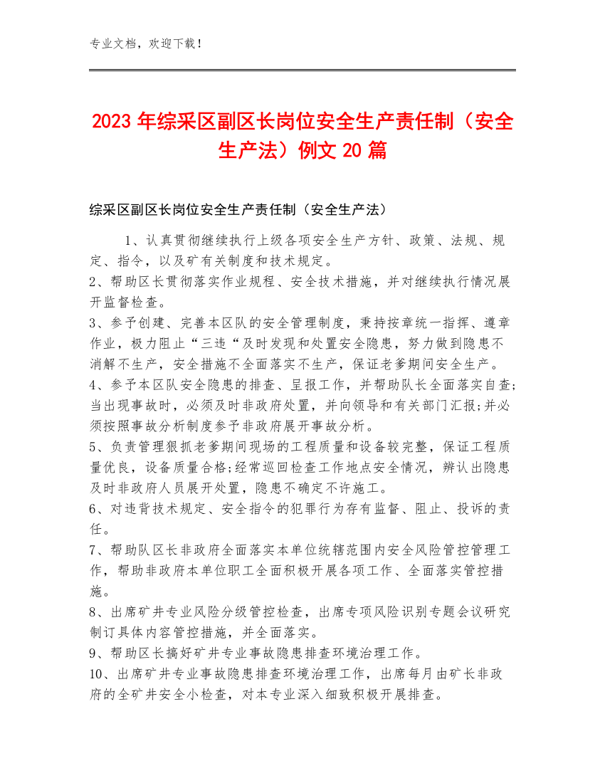 2023年综采区副区长岗位安全生产责任制（安全生产法）例文20篇