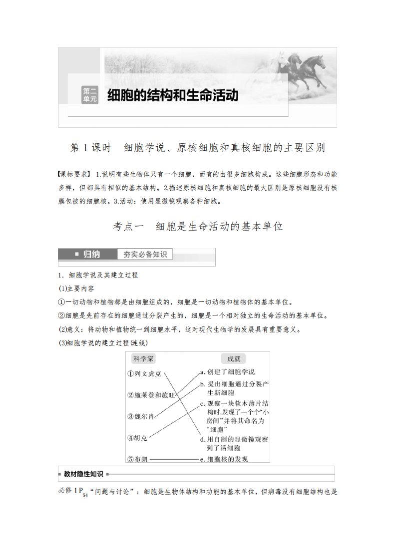 2024届高考一轮复习生物教案(苏教版)：细胞学说、原核细胞和真核细胞的主要区别