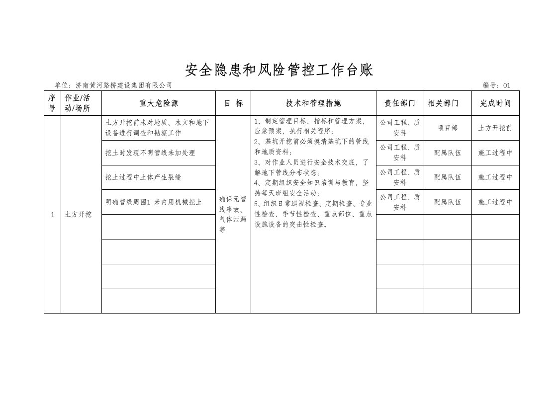 安全隐患和风险管控工作记录台账