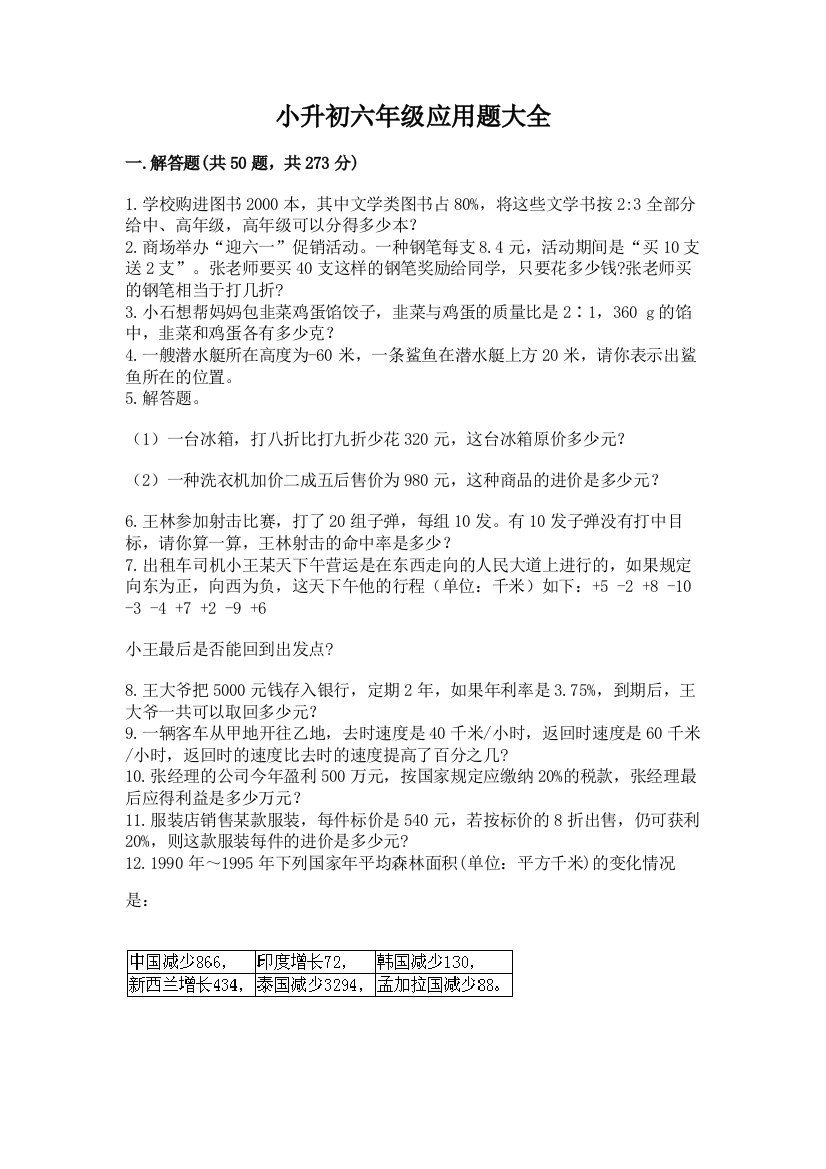 小升初六年级应用题大全及1套完整答案