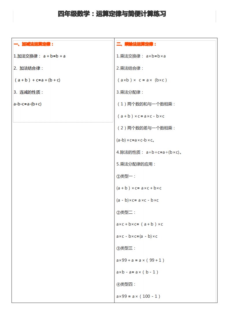 四年级数学上下册运算定律与简便计算练习100题