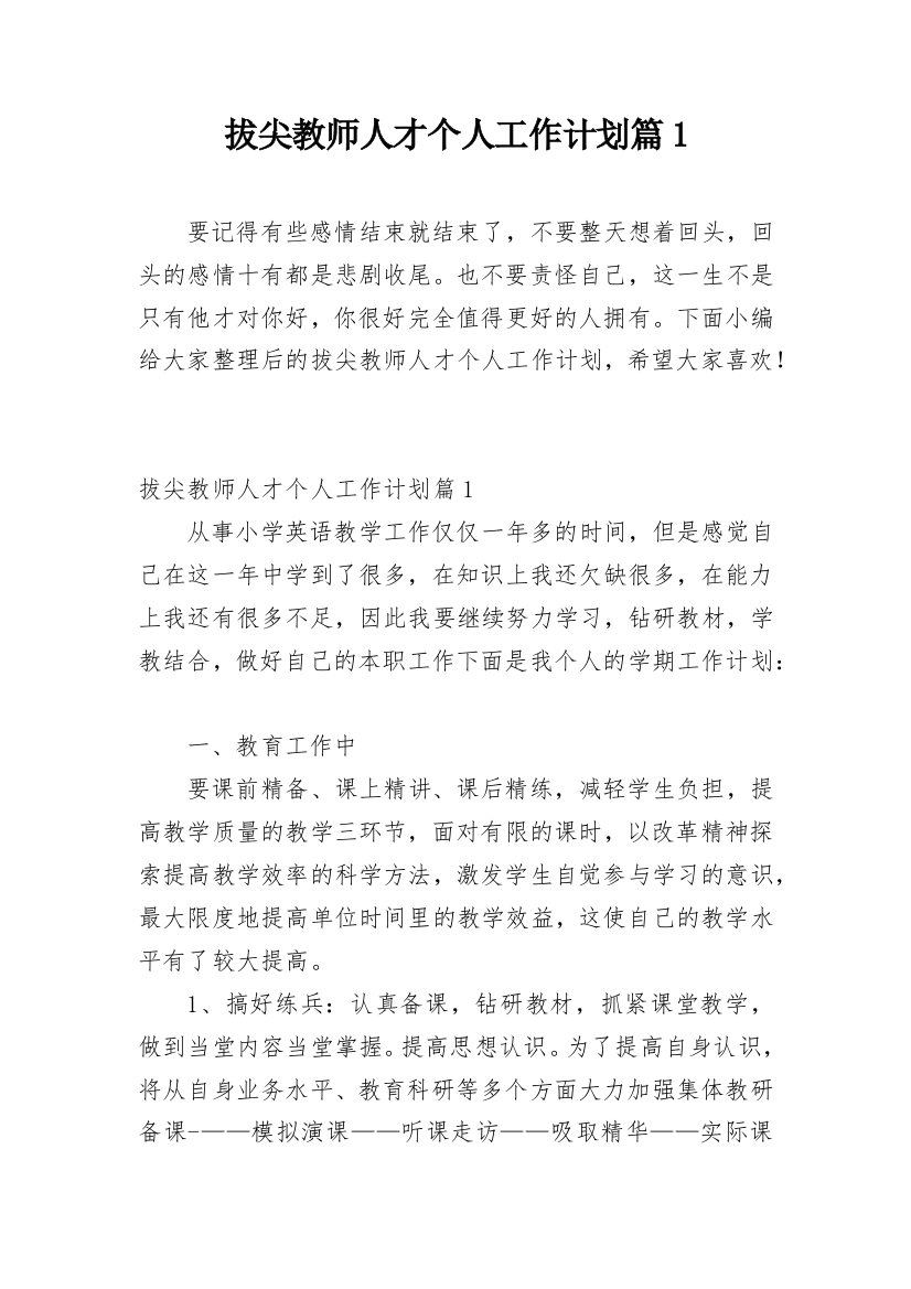 拔尖教师人才个人工作计划篇1