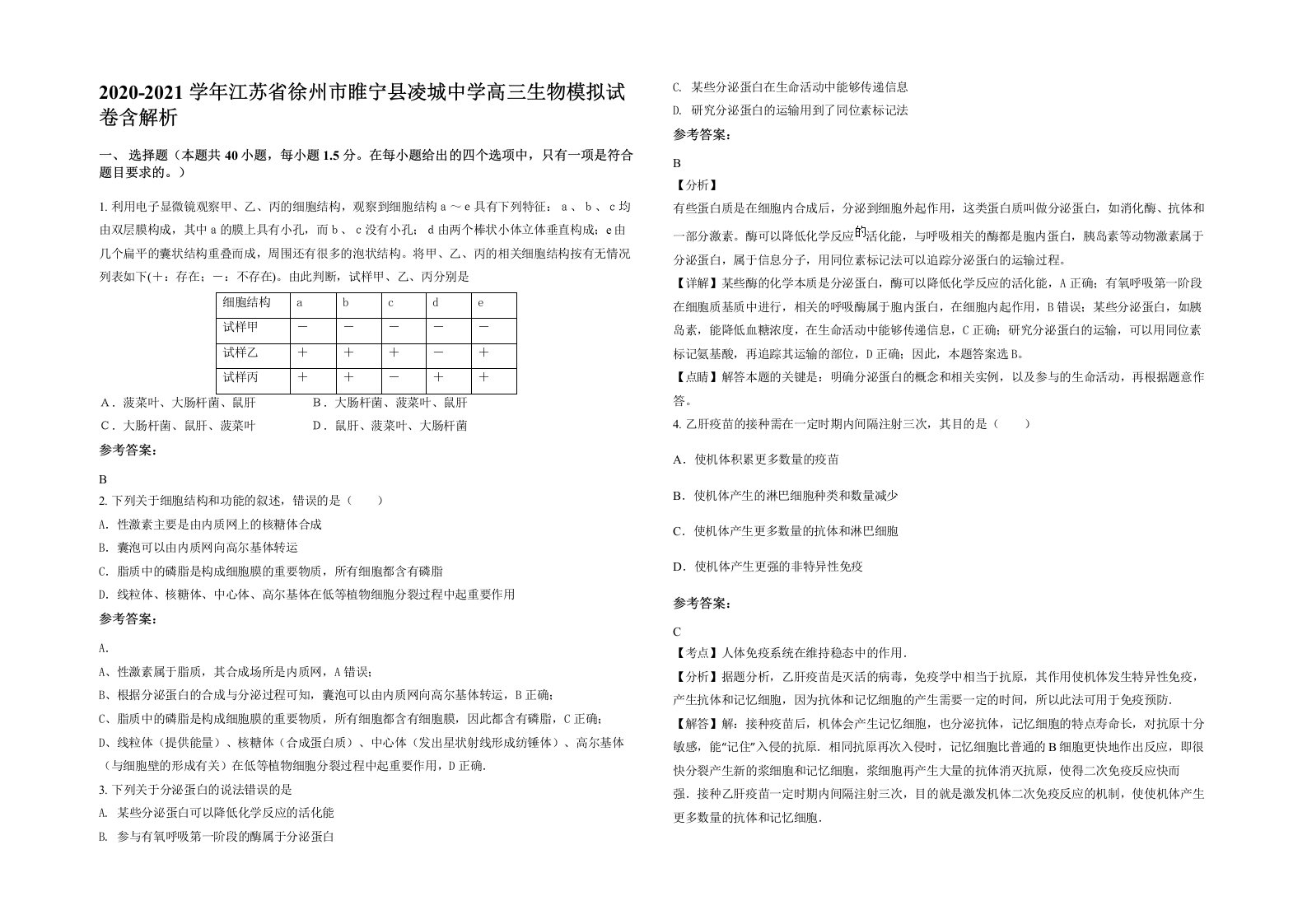 2020-2021学年江苏省徐州市睢宁县凌城中学高三生物模拟试卷含解析