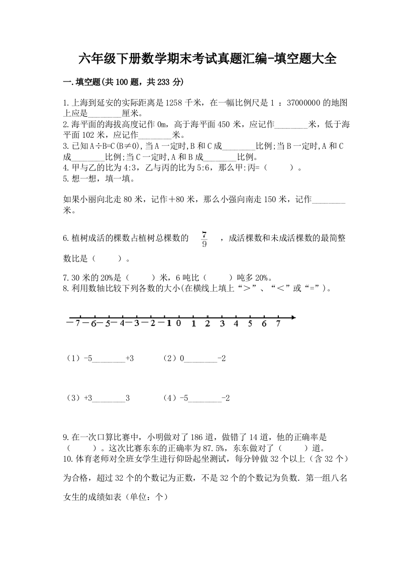 六年级下册数学期末考试真题汇编-填空题大全精品【考点梳理】