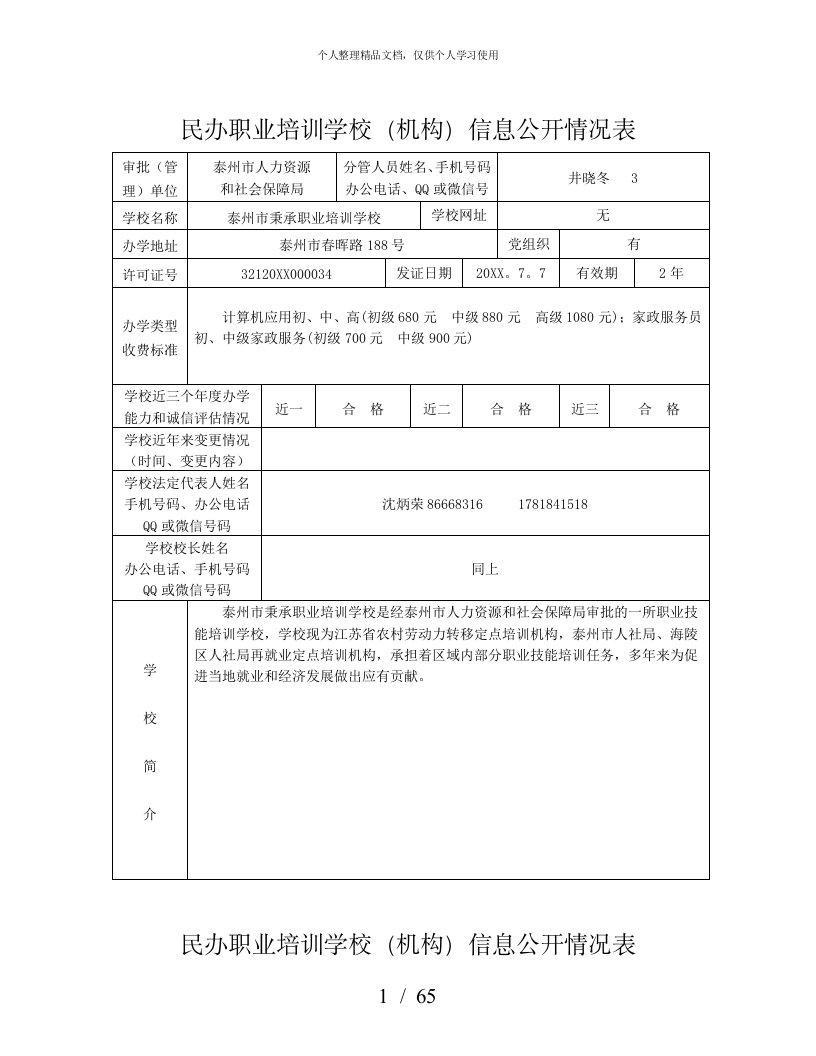 民办职业培训学校（机构）信息公开情况表