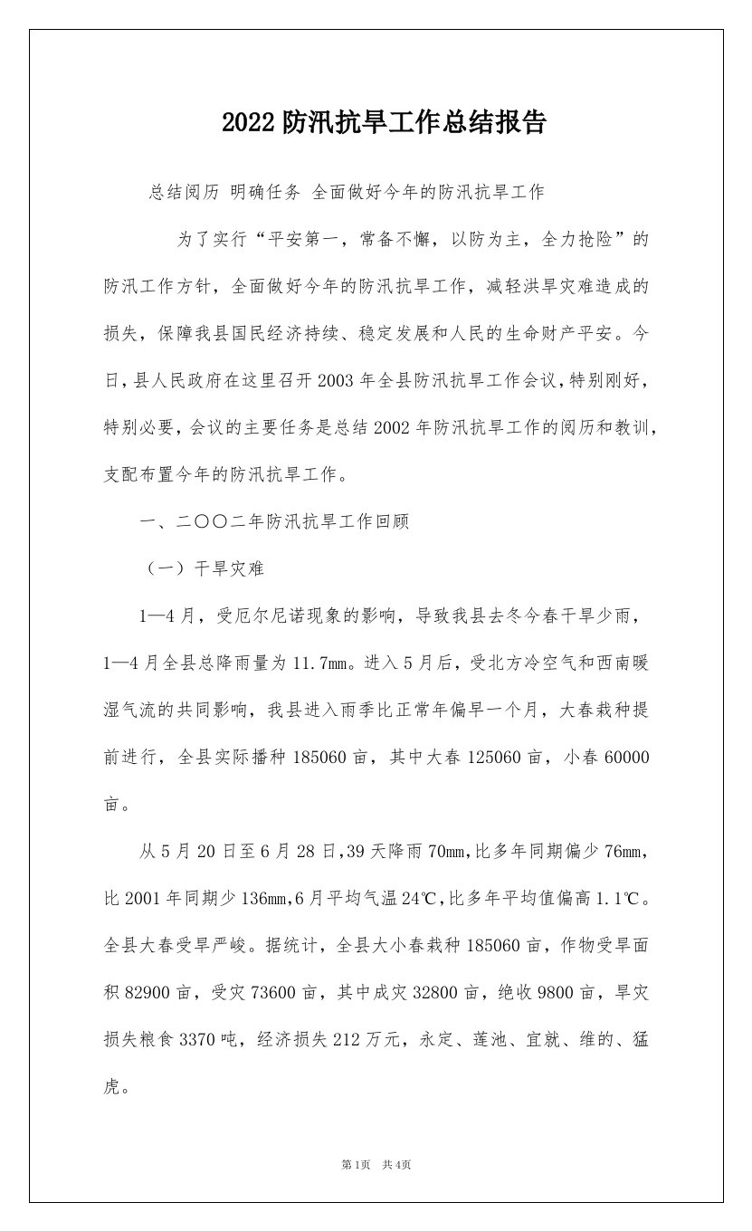 2022防汛抗旱工作总结报告