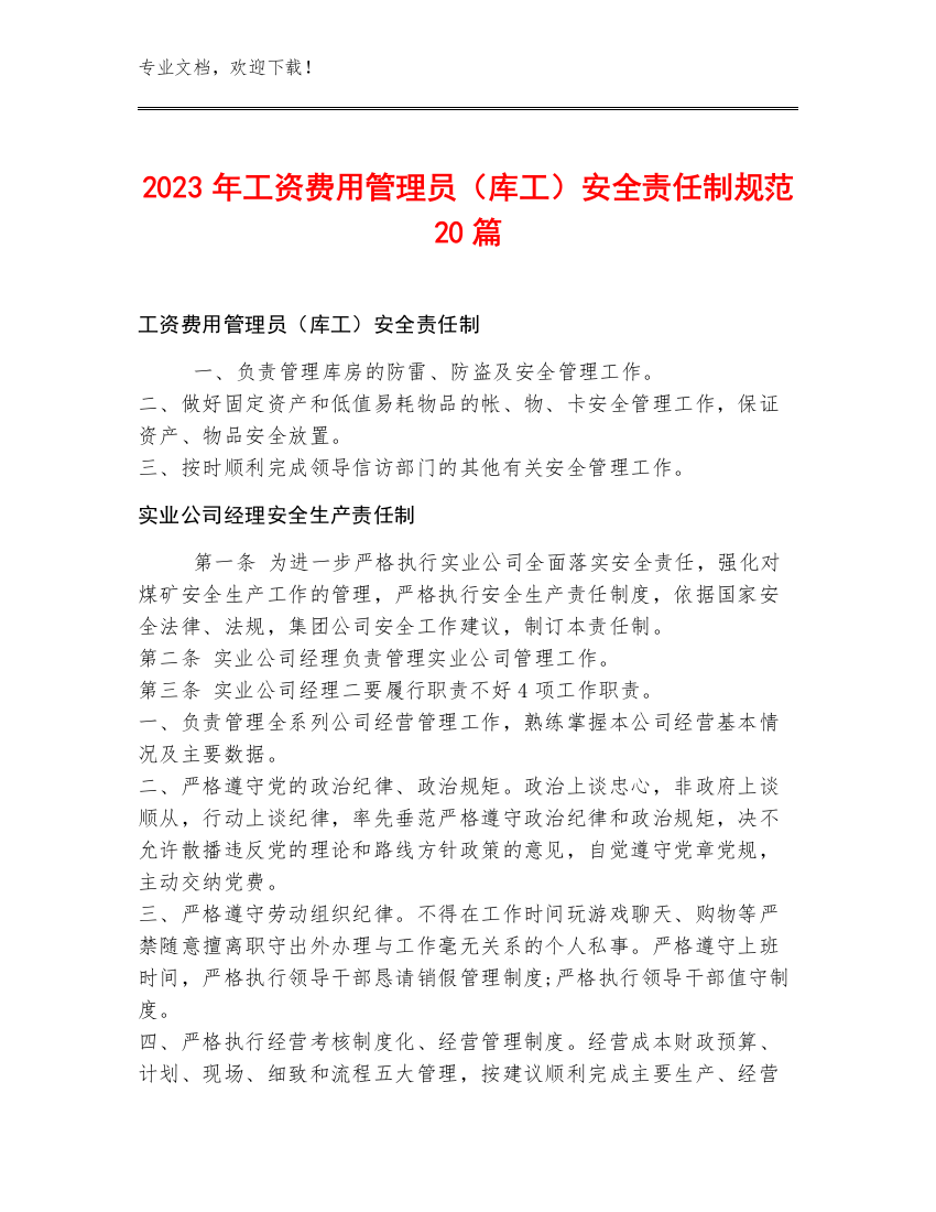 2023年工资费用管理员（库工）安全责任制规范20篇