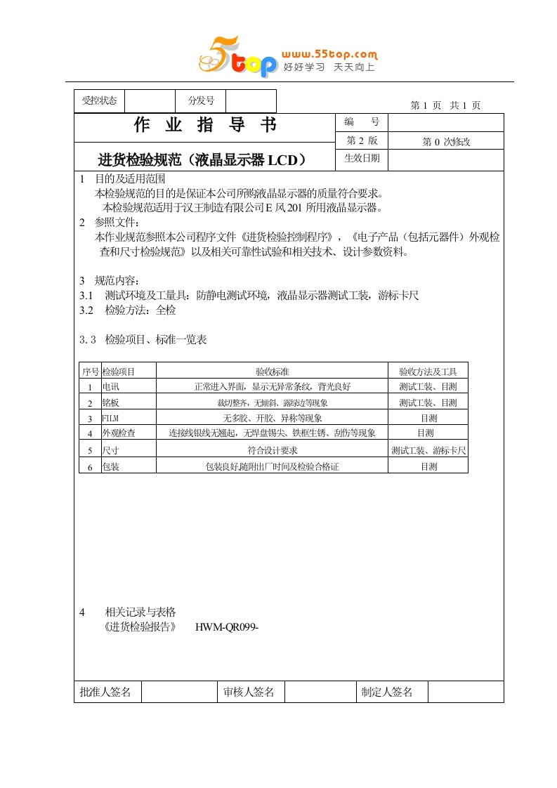 某电子厂进货检验全套作业指导书-资料包(42个文件)作业指导书（液晶显示器LCD）-作业指导