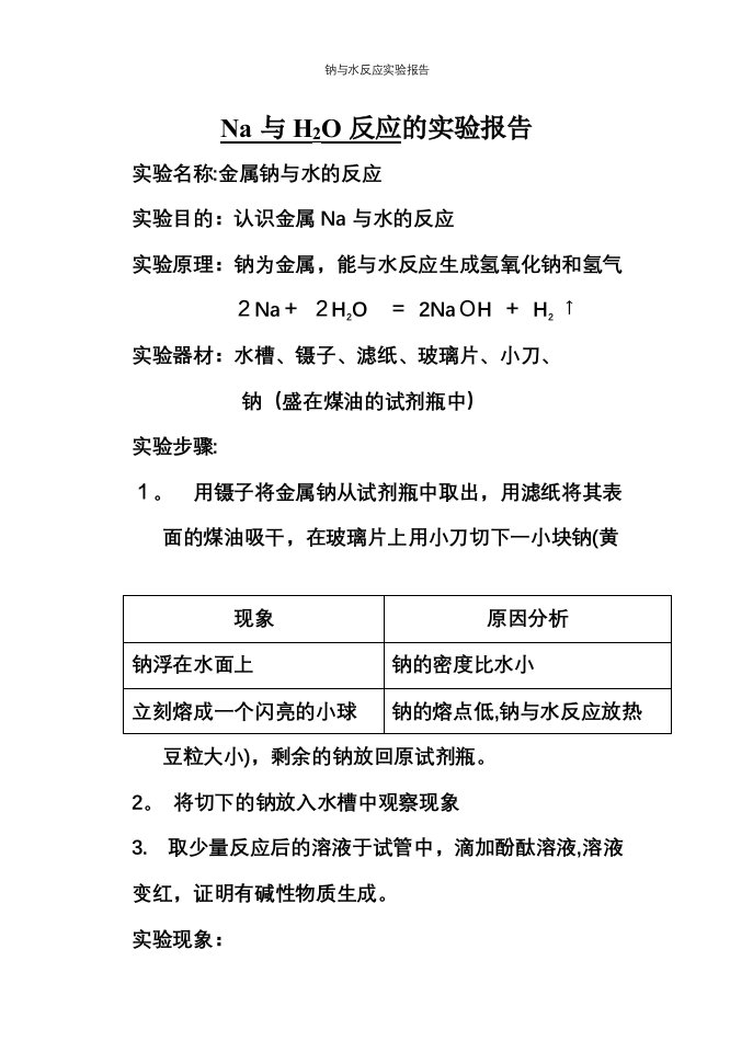 钠与水反应实验报告