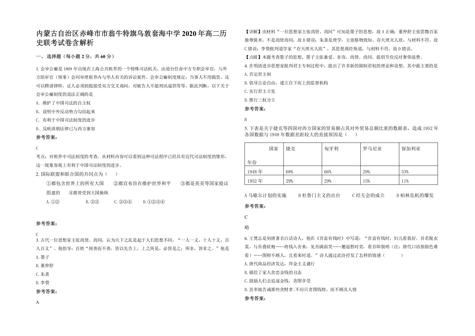 内蒙古自治区赤峰市市翁牛特旗乌敦套海中学2020年高二历史联考试卷含解析