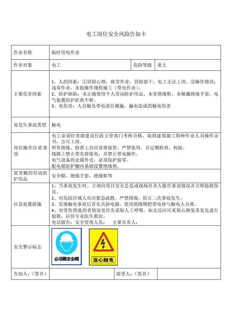 电工岗位安全风险告知卡