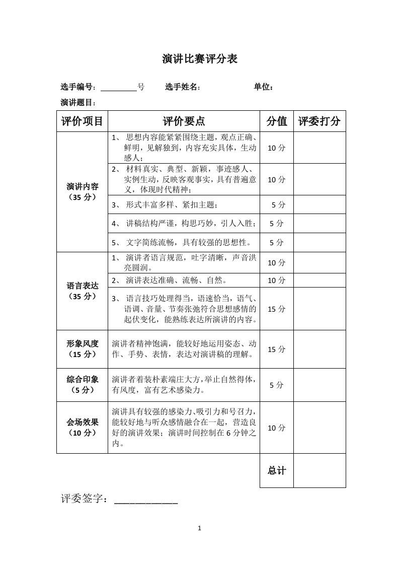 演讲比赛评分表模板