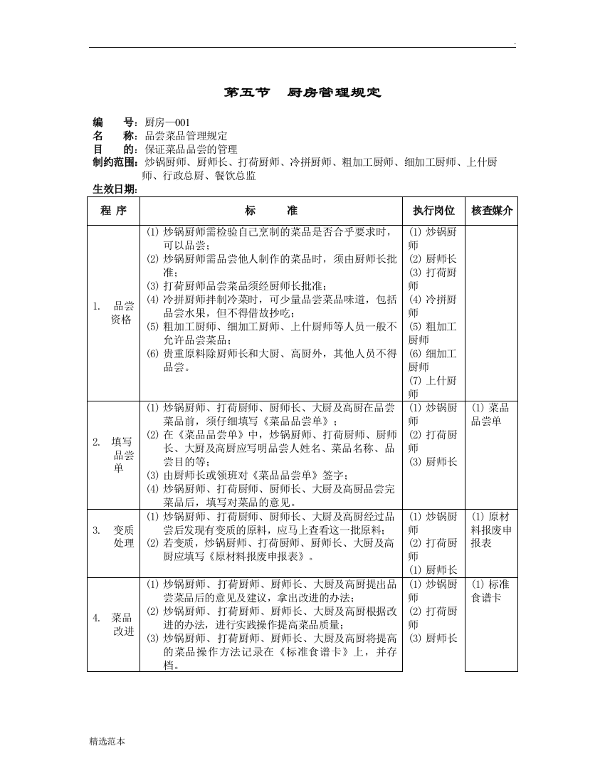 五星级大酒店厨房部制度表格--厨房管理规定(doc-页)