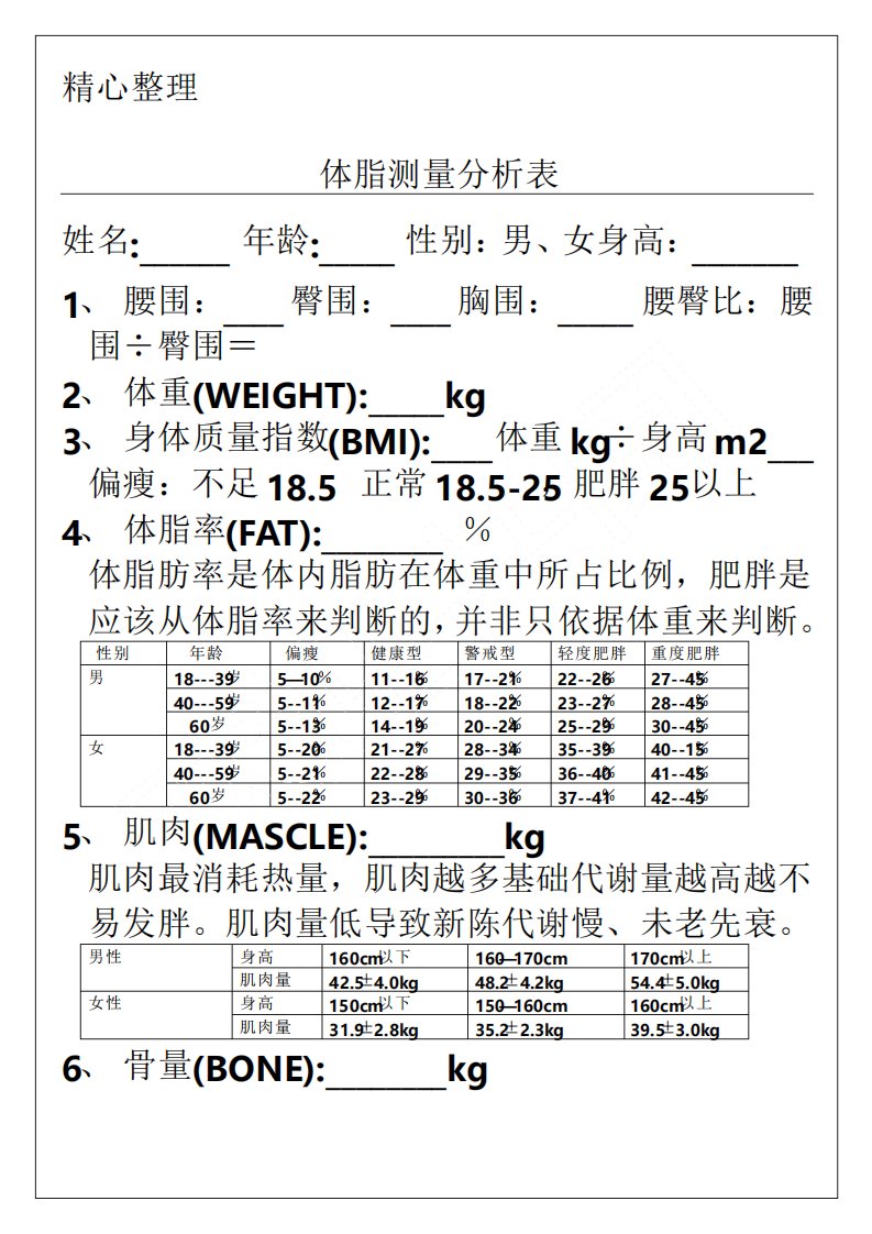 体脂测量分析表格模板