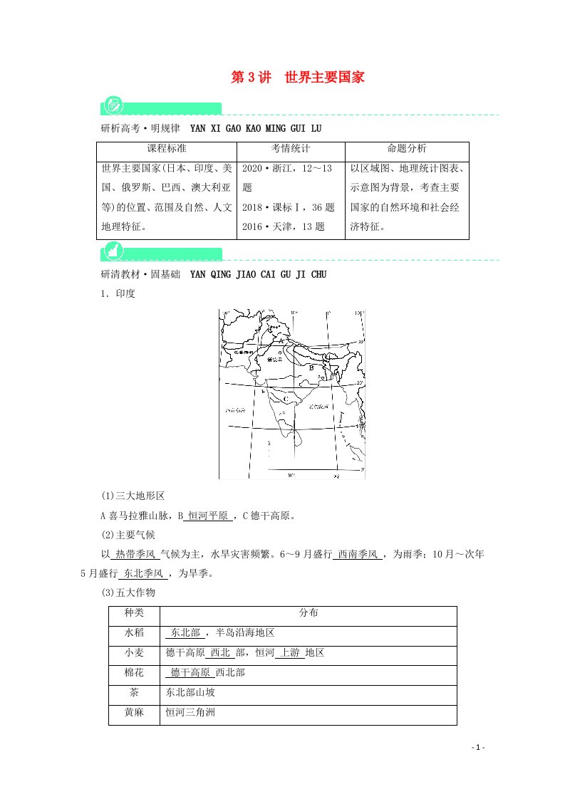 2022届高考地理一轮复习第17章世界地理第3讲世界主要国家学案新人教版20210520223