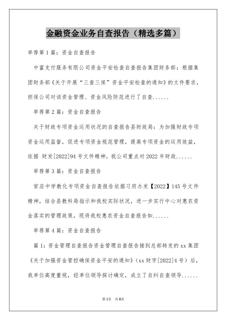 金融资金业务自查报告（精选多篇）