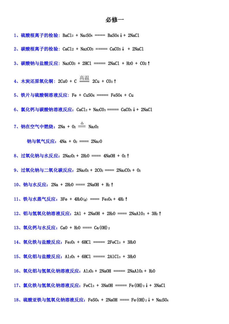 高中化学必修一二化学方程式汇总