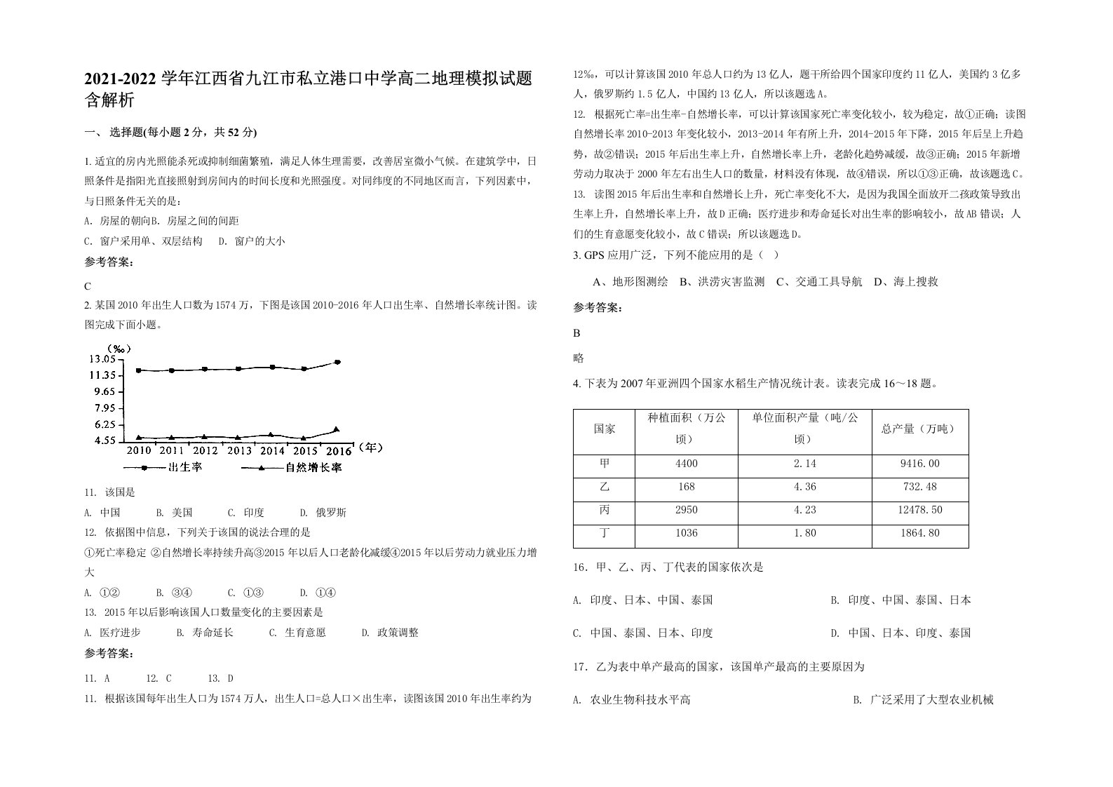 2021-2022学年江西省九江市私立港口中学高二地理模拟试题含解析