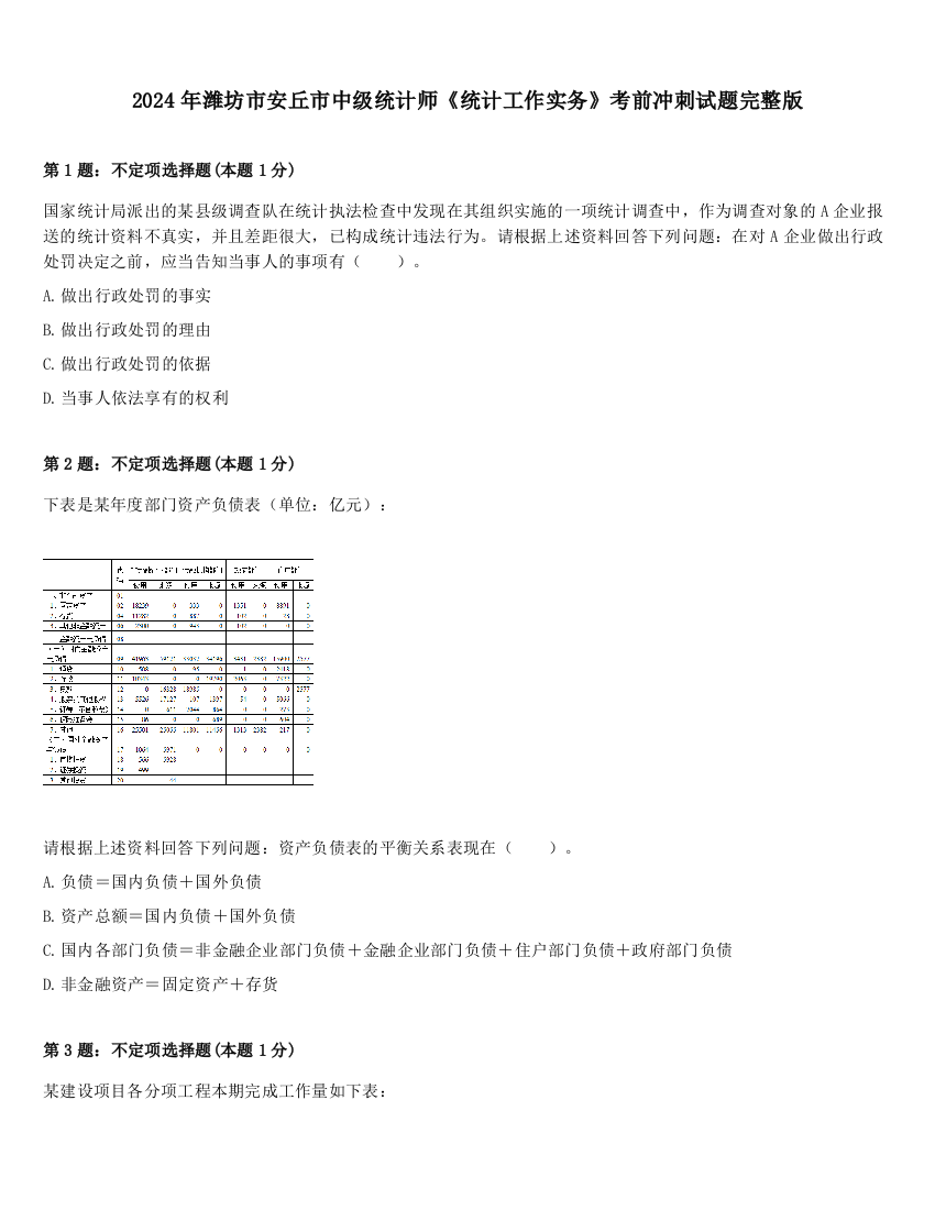 2024年潍坊市安丘市中级统计师《统计工作实务》考前冲刺试题完整版