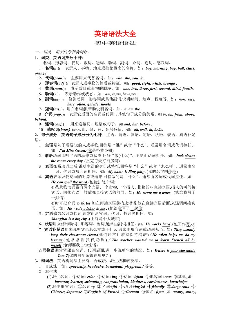 初中英语语法大全上海重点中学语法整理