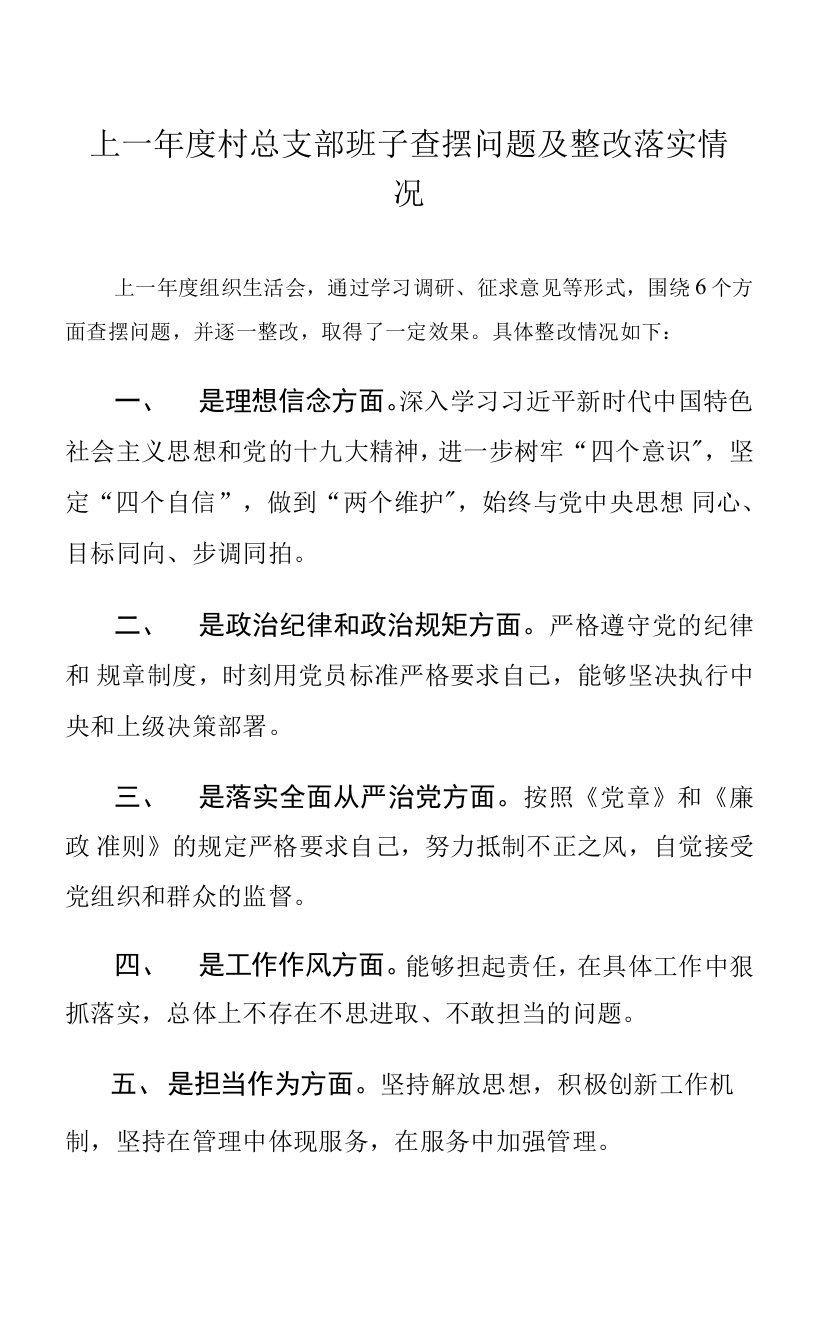 上一年度村总支部班子查摆问题及整改落实情况