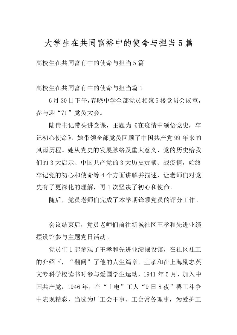 大学生在共同富裕中的使命与担当5篇