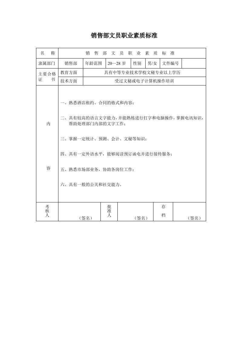 推荐-销售部文员职业素质标准