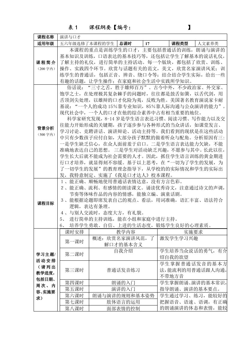 参考：演讲与口才校本课程教学方案