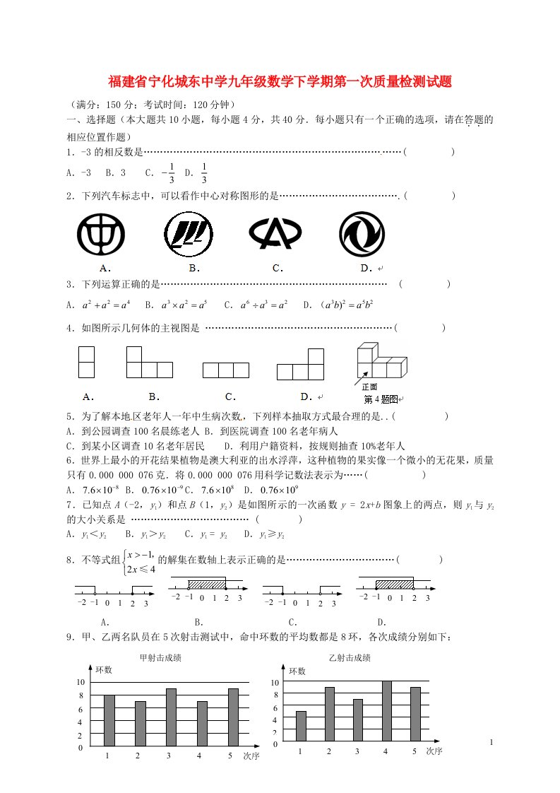 福建省宁化城东中学九级数学下学期第一次质量检测试题（无答案）