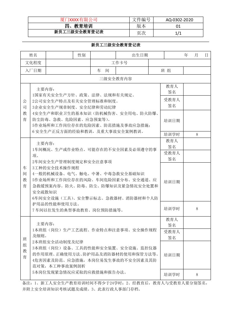 5.1新员工三级安全教育登记卡（一人一卡）