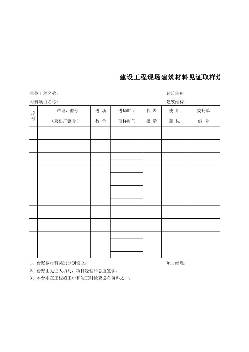 建设工程现场建筑材料见证取样送检登记台账