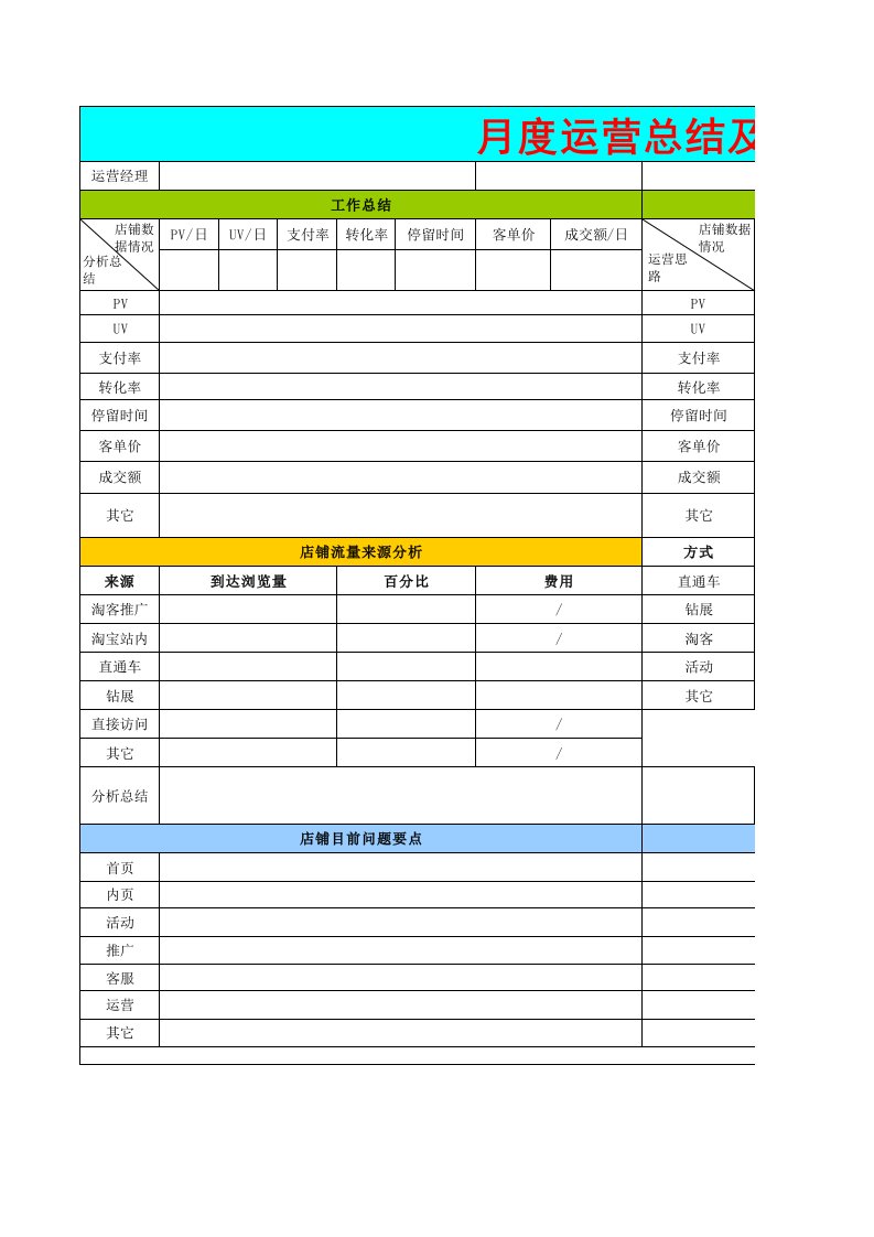 天猫月度运营总结计划表周计划报表