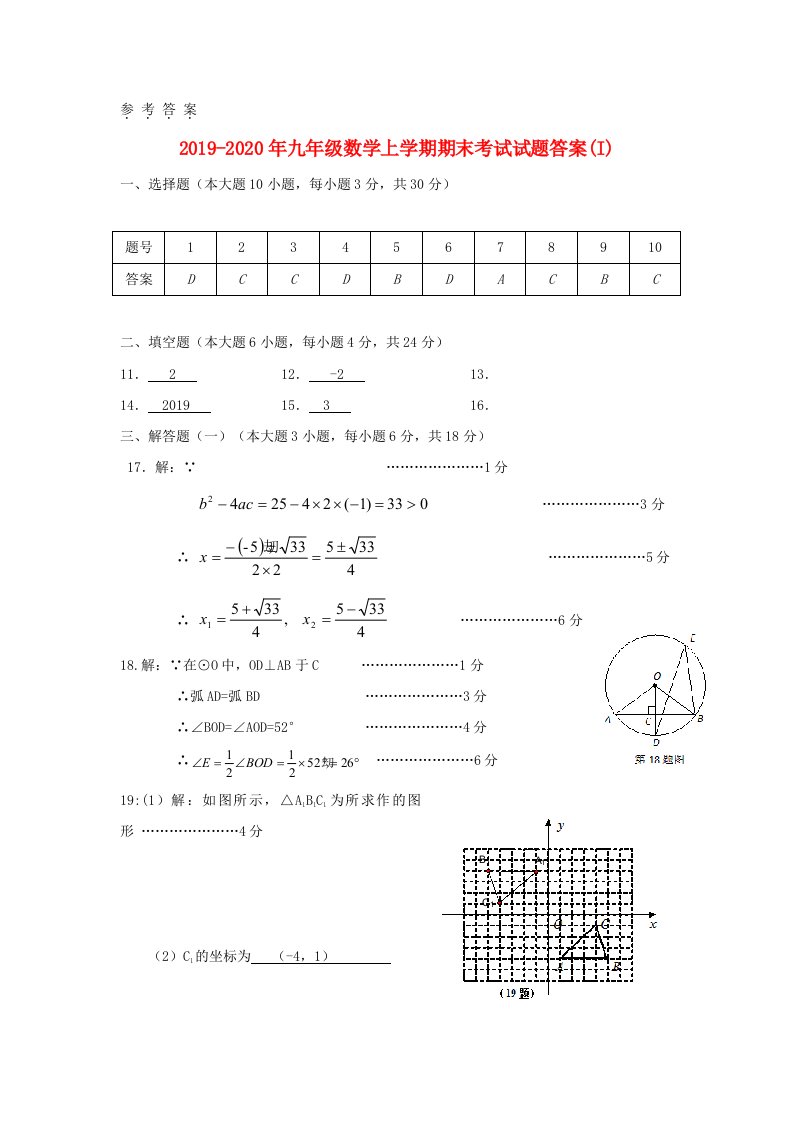 2019-2020年九年级数学上学期期末考试试题答案(I)