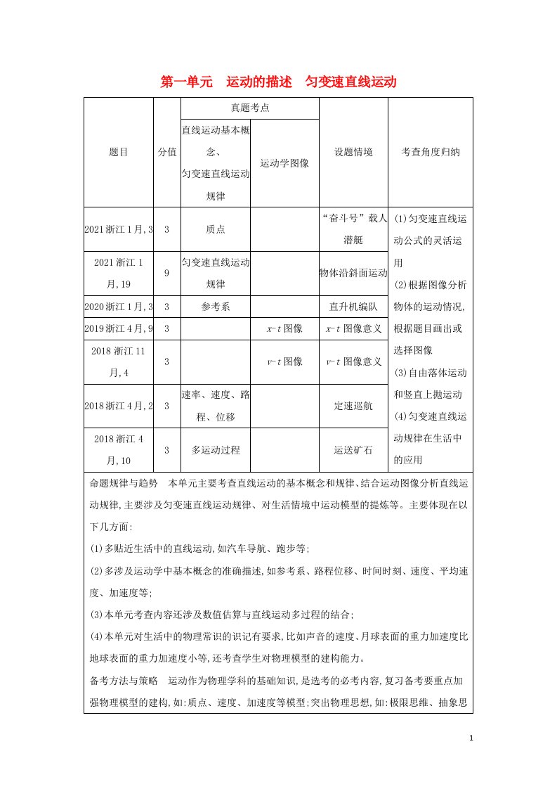 浙江版2022版高考物理总复习第一单元运动的描述匀变速直线运动第1讲描述直线运动的基本概念教案