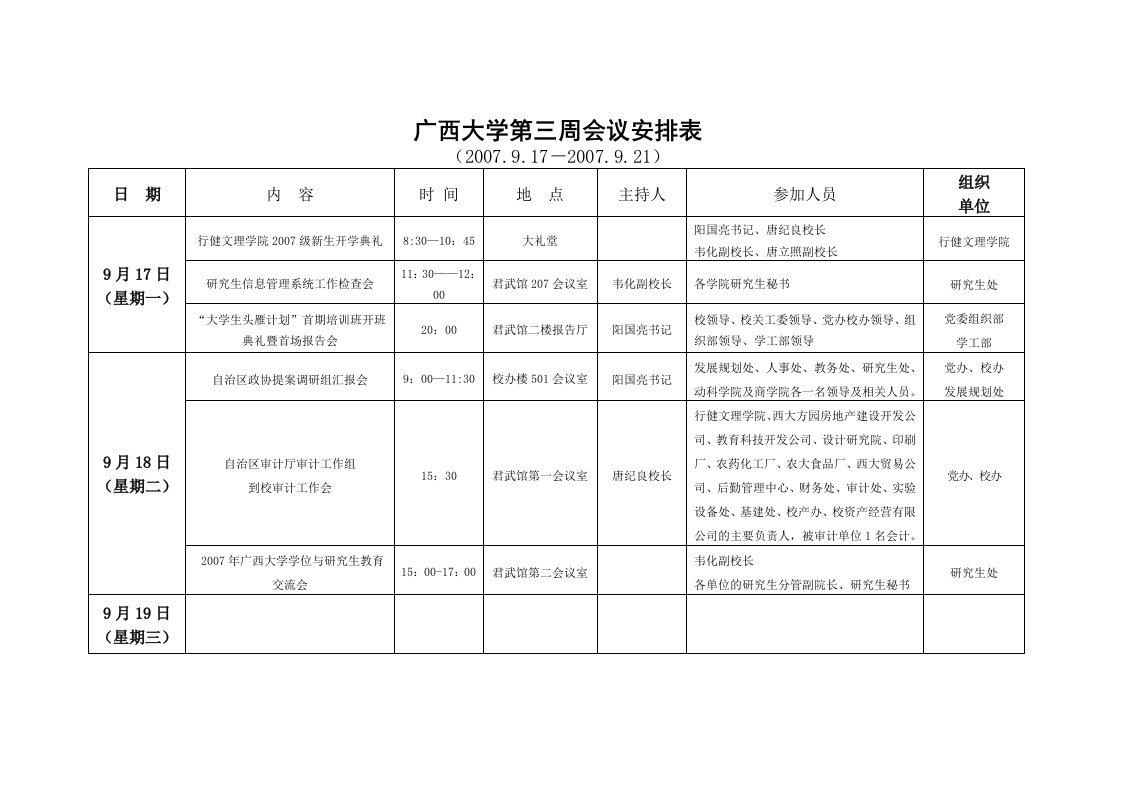 广西大学第三周会议安排表