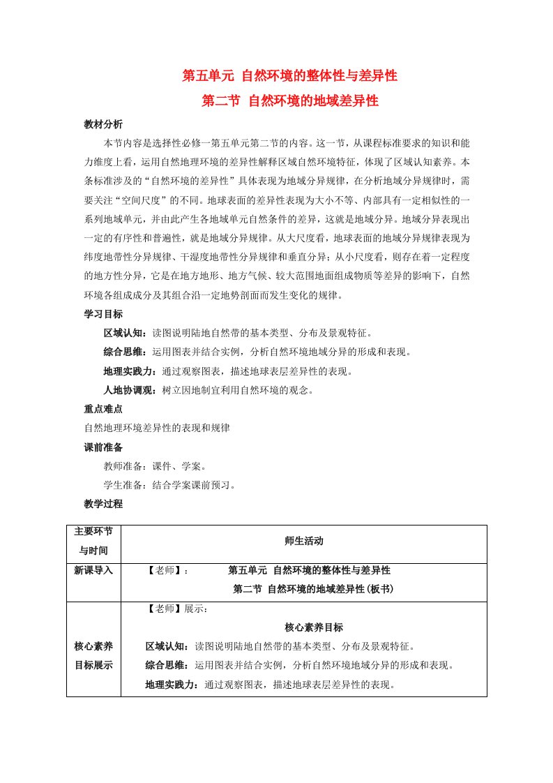 2024春新教材高中地理5.2自然环境的地域差异性第1课时教学设计湘教版选择性必修1