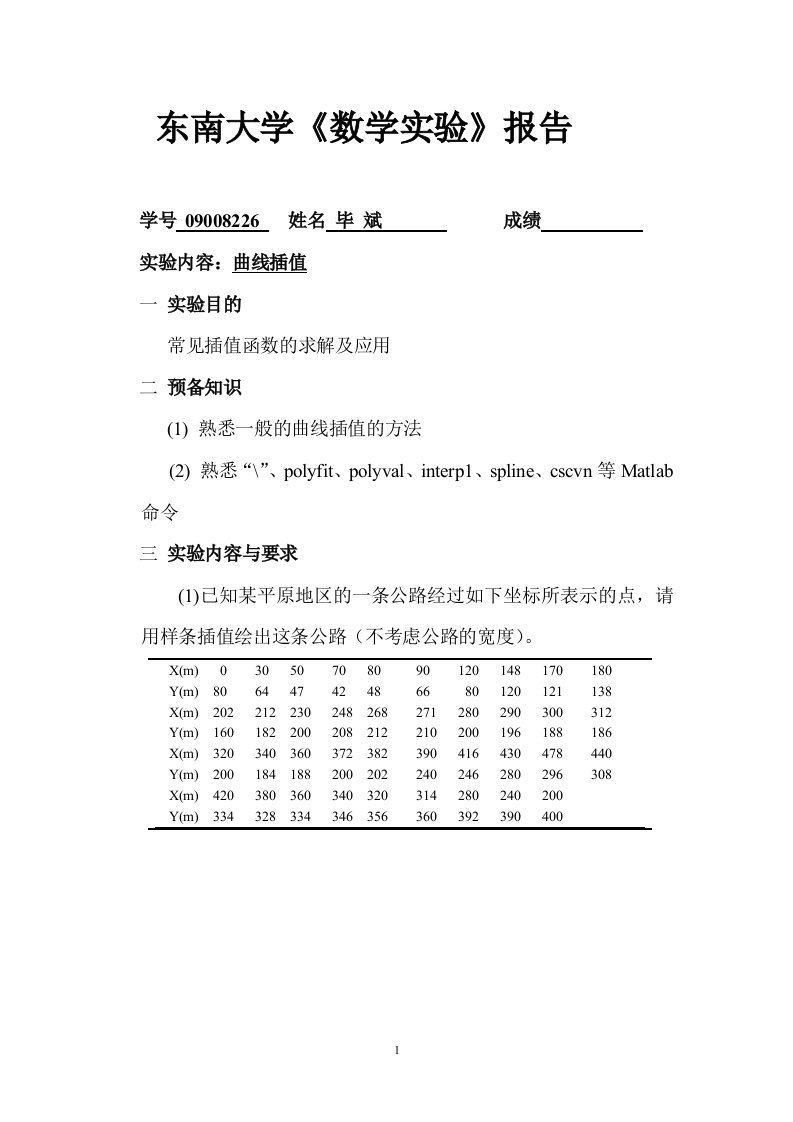 数学建模实验报告之曲线插值