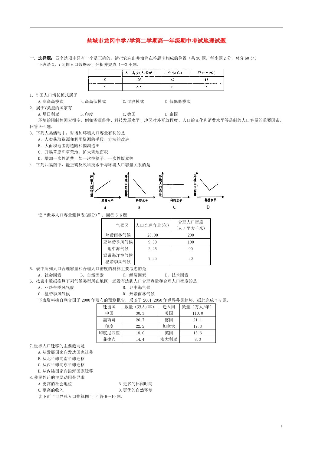 江苏省盐城市龙冈中学高一地理试下学期期中考试题新人教版