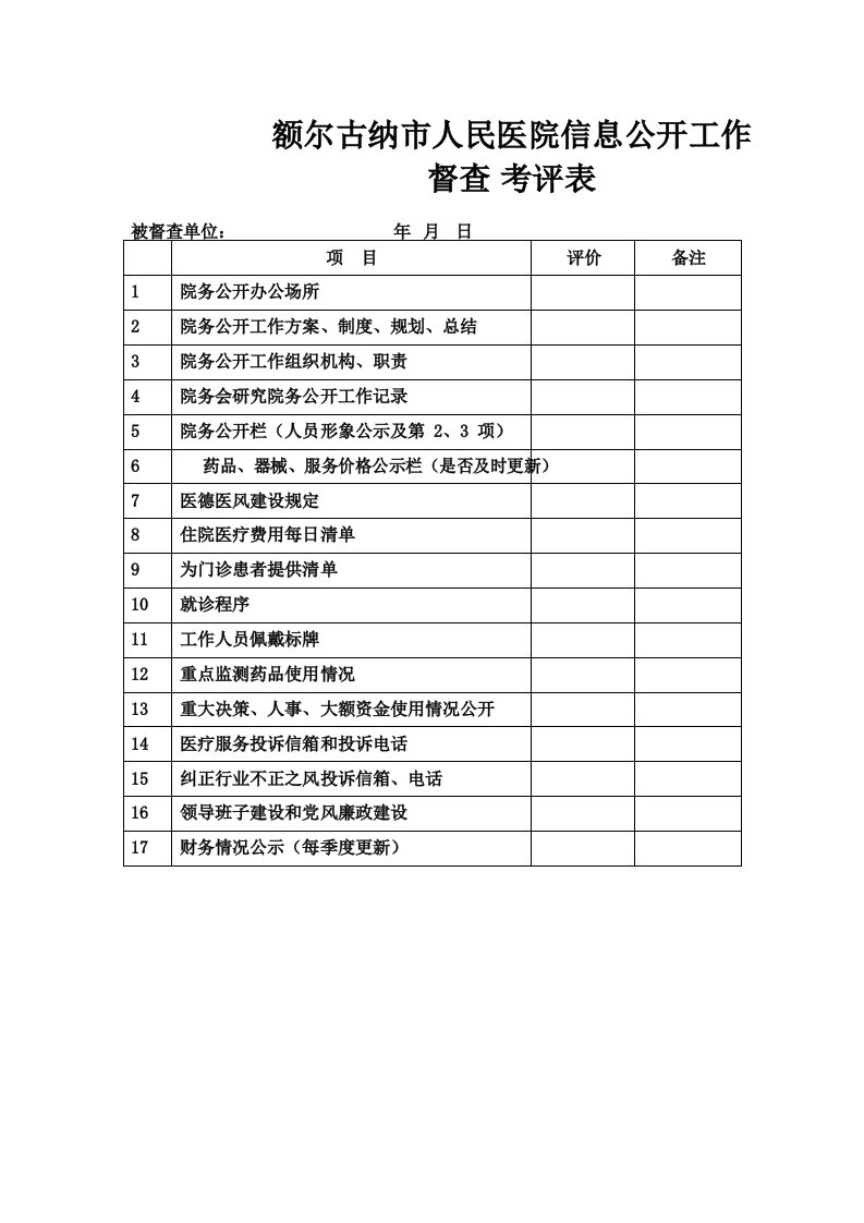 额尔古纳市人民医院信息公开工作督查考核表