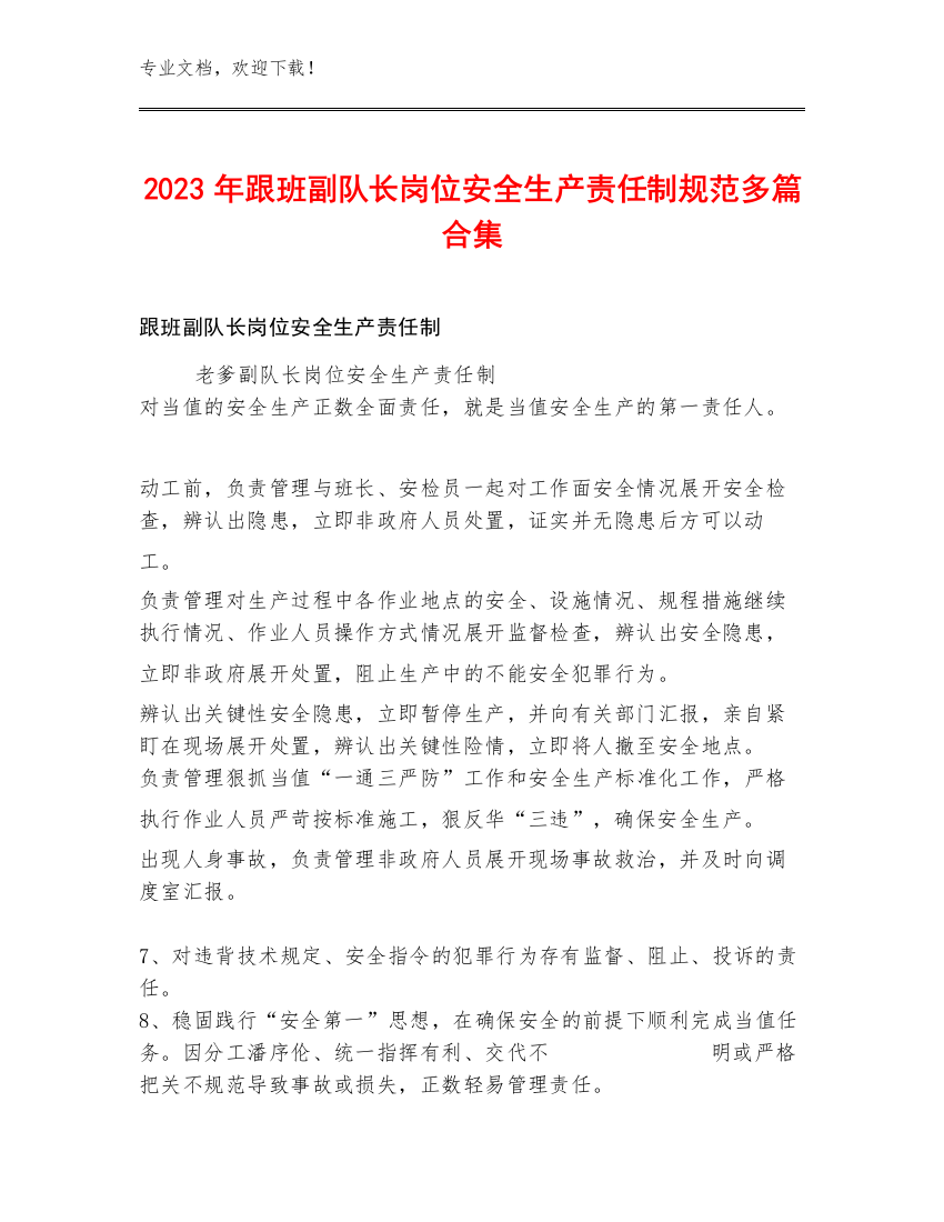 2023年跟班副队长岗位安全生产责任制规范多篇合集