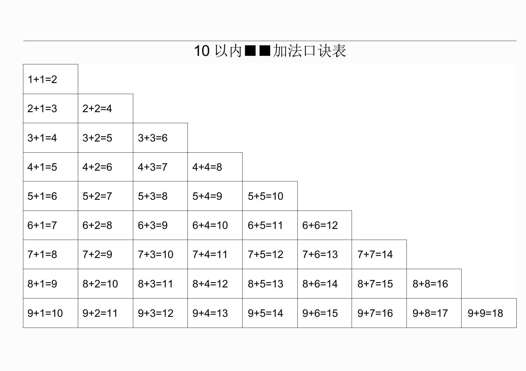 10以内、20以内加减法口诀表(直接打印)