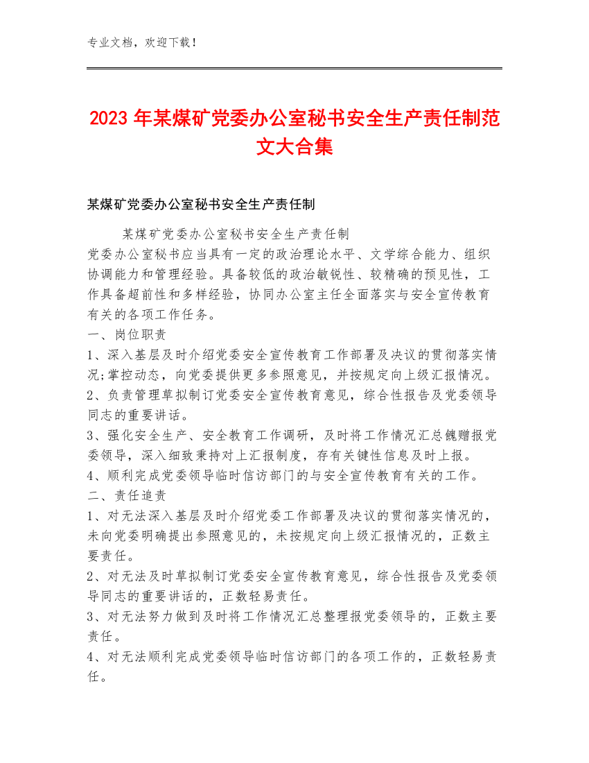 2023年某煤矿党委办公室秘书安全生产责任制范文大合集