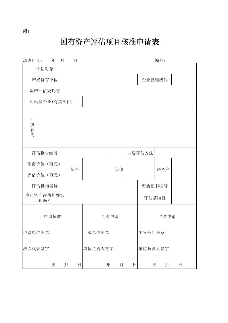 国有资产评估项目核准申请表