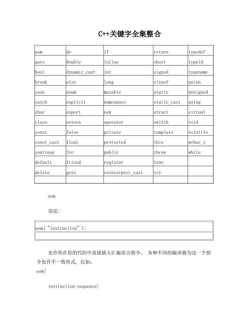 C++关键字大全