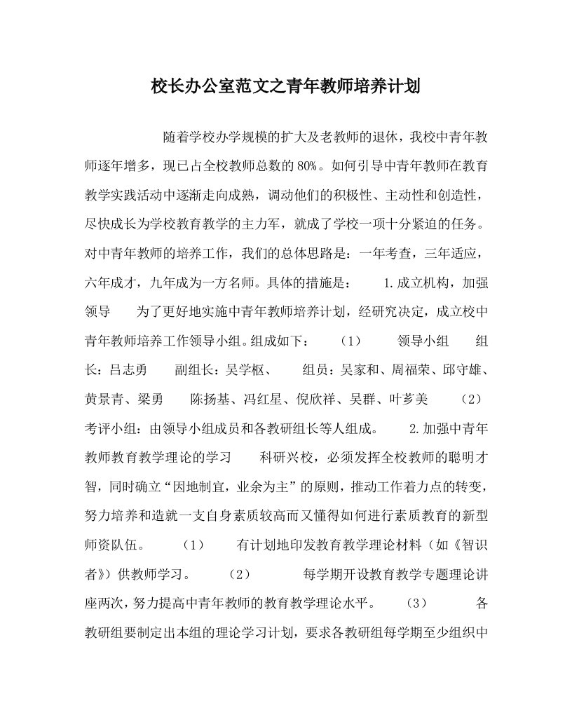 校长办公室范文之青年教师培养计划WORD版