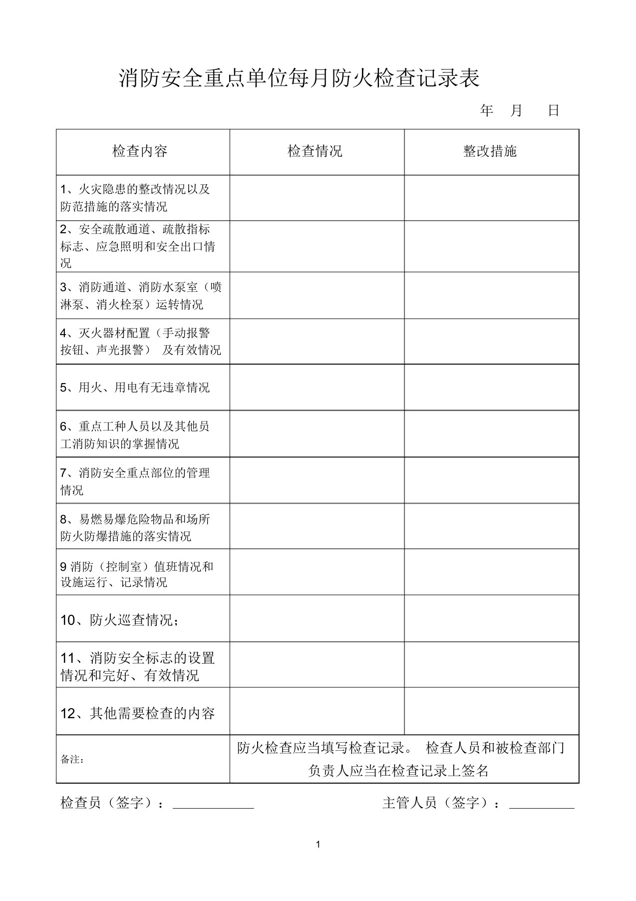 消防安全重点单位每月防火检查记录表